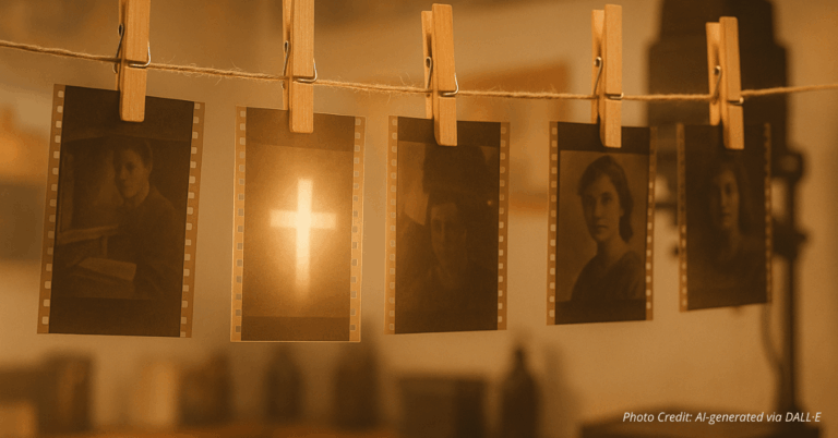 Black-and-white photo negatives hanging in a vintage darkroom with one glowing slightly, symbolizing spiritual transformation and applied truth.