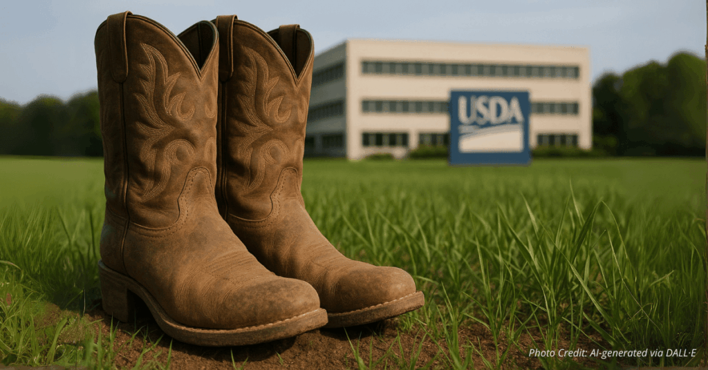 Ranch boots in field near USDA office represent hands-on policy shift