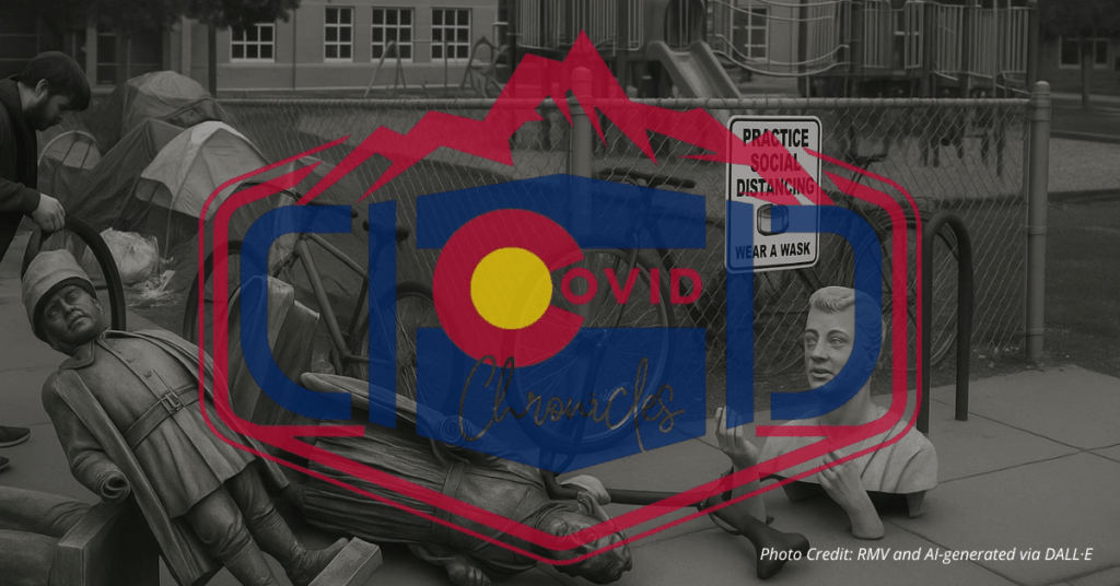 Fallen statues, broken bikes, homeless tents, and a fenced playground with COVID signage behind a school