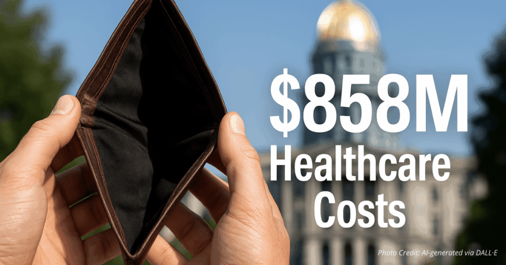 Empty wallet with Colorado Capitol in background and $858M healthcare cost label