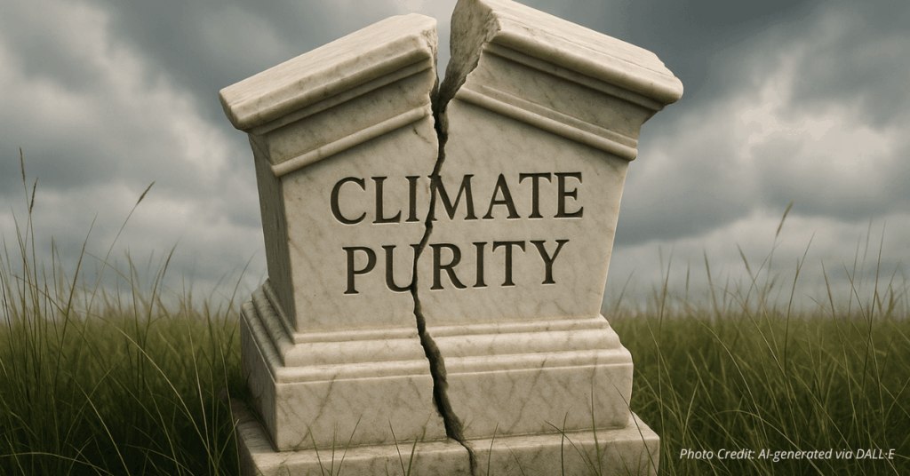 Cracked marble pedestal labeled “Climate Purity”