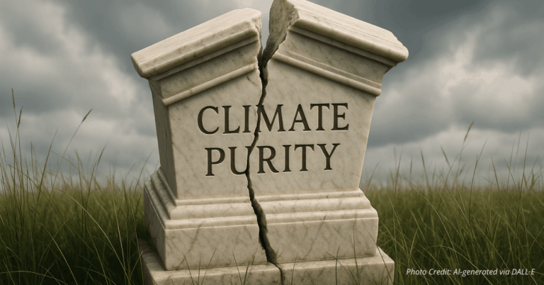 Cracked marble pedestal labeled “Climate Purity”