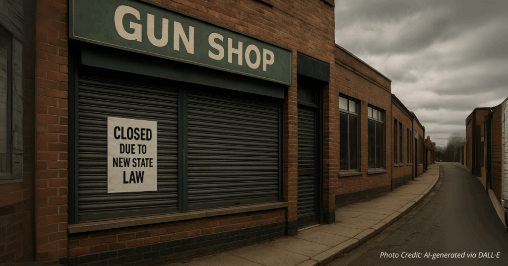 Shuttered Colorado gun store with a sign about new state law