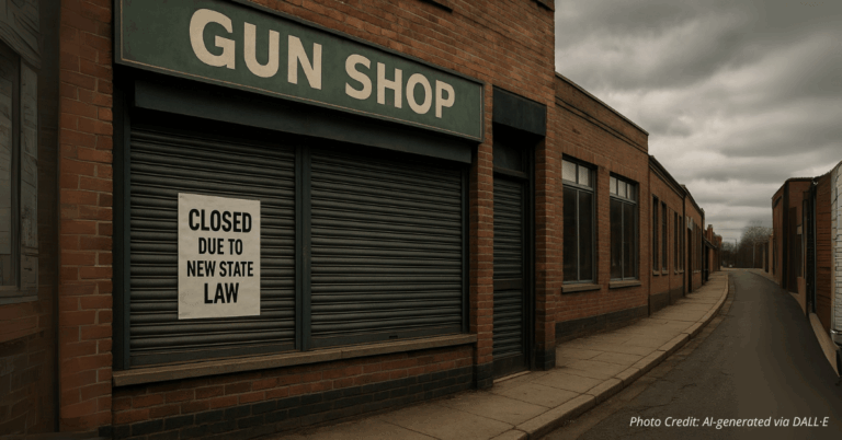 Shuttered Colorado gun store with a sign about new state law