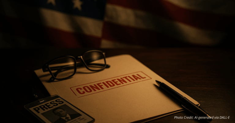 Confidential press file and journalist credentials on desk with U.S. flag in background