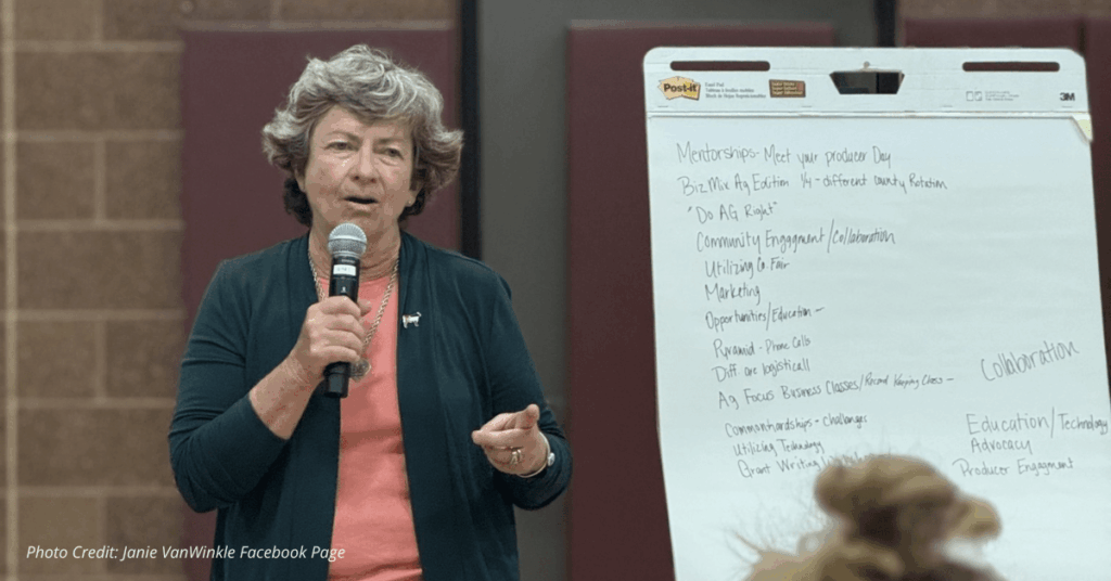 Janie VanWinkle speaks at AgriWest Council meeting with handwritten notes behind her