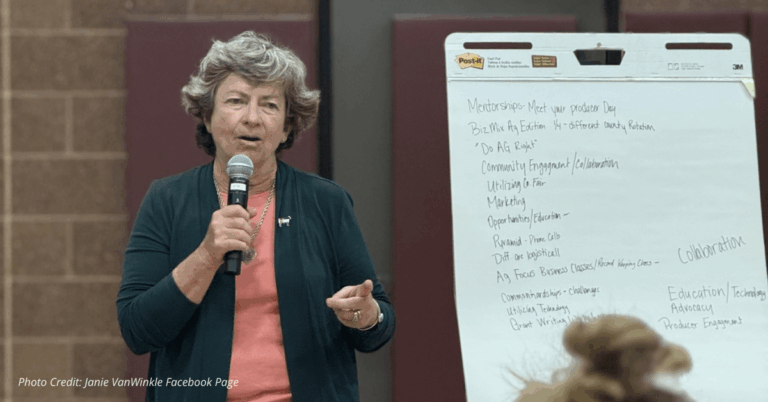 Janie VanWinkle speaks at AgriWest Council meeting with handwritten notes behind her