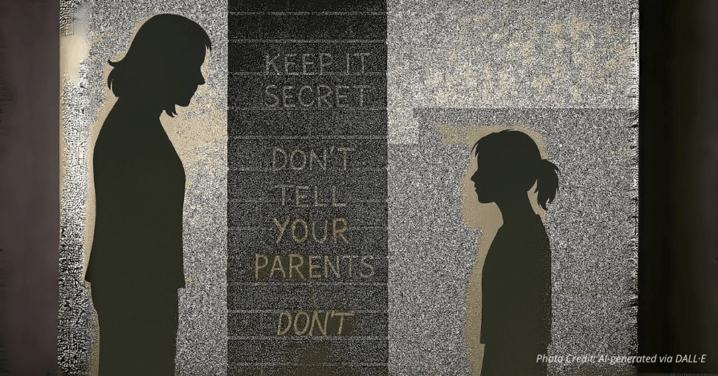 Silhouette of parent and child divided by a school wall with secretive messages
