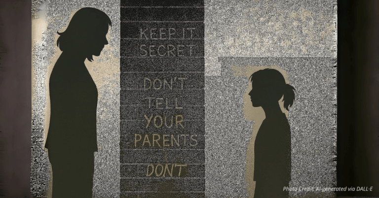 Silhouette of parent and child divided by a school wall with secretive messages