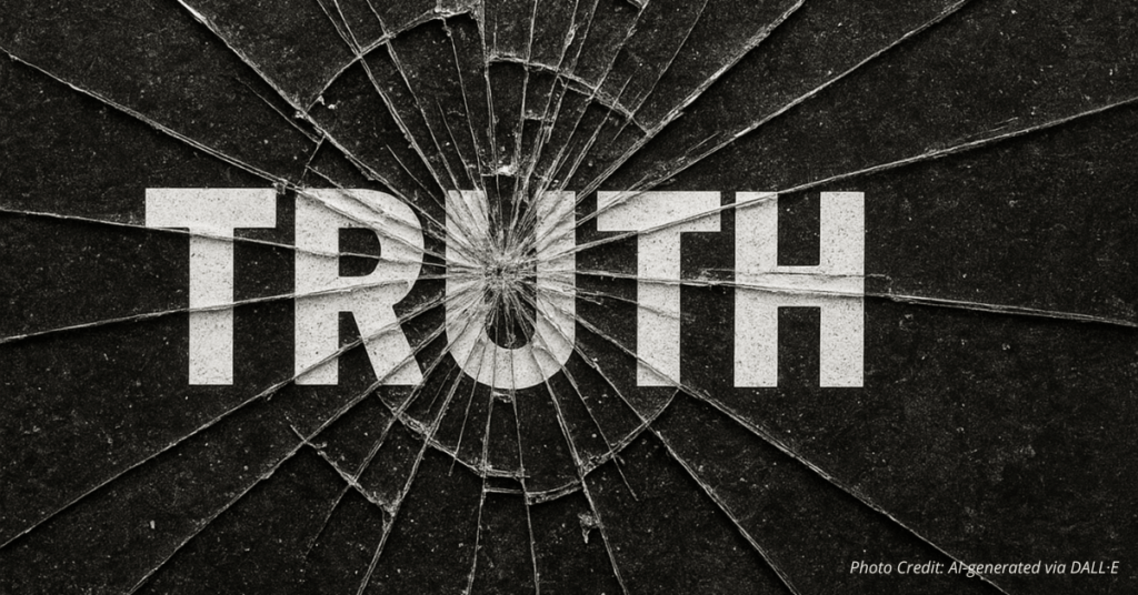 Shattered glass over the word “TRUTH” on a dark background