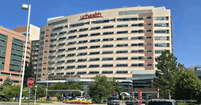 Exterior view of UCHealth main building in Aurora, Colorado during daytime