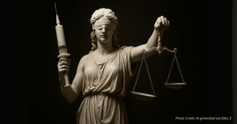 Blindfolded Lady Justice holds vaccine with tipped scales