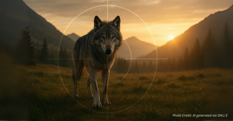 Lone gray wolf in mountain pasture with targeting overlay symbolizes CPW lethal control