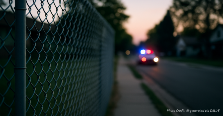 Border fence fading into a Colorado neighborhood with distant police lights, linking border policy to local safety