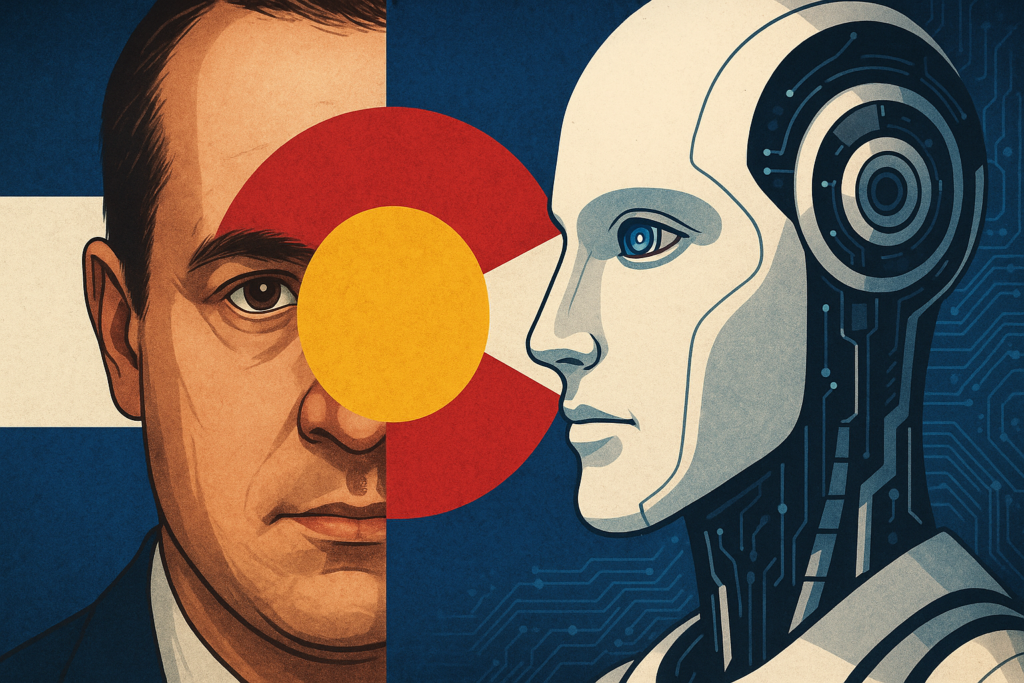Split face of human and robot with Colorado flag overlay