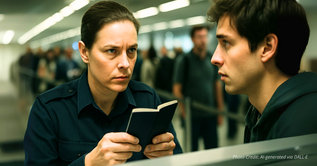Travelers at U.S. airport customs checkpoint