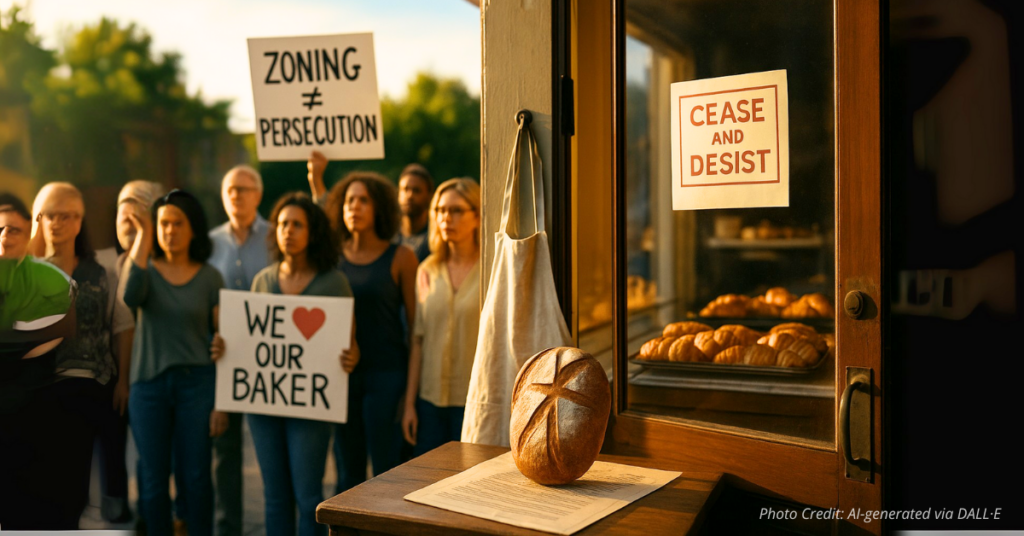 People hold signs supporting bakery outside storefront.