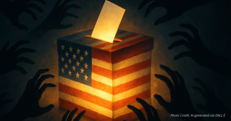 Glowing American ballot box with dark hands reaching in