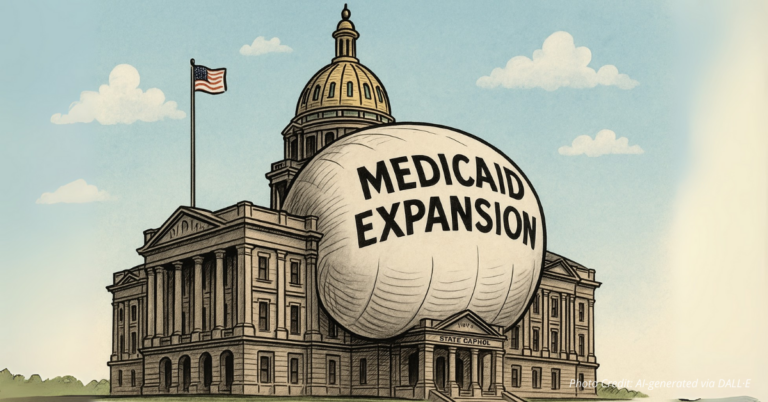 Bloated Colorado Capitol labeled Medicaid Expansion
