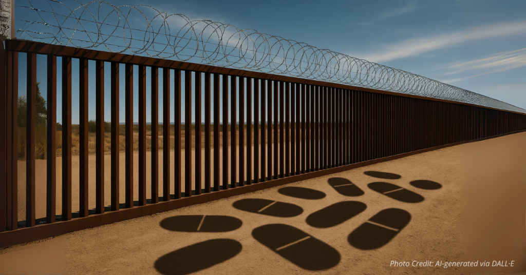 Border fence with pills symbolizing fentanyl smuggling crisis