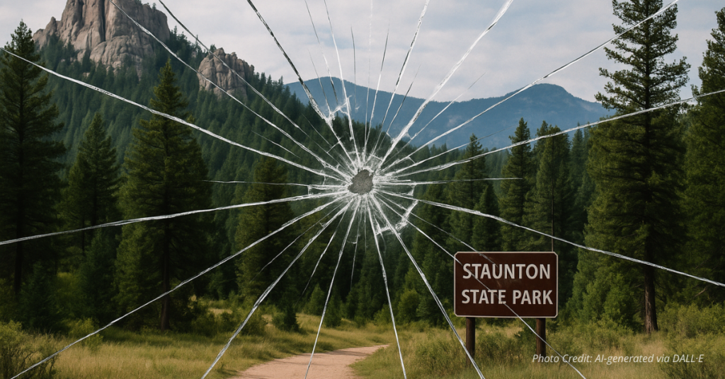 Cracked glass over Colorado park showing broken trust