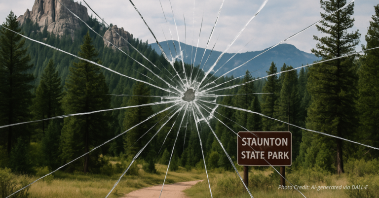 Cracked glass over Colorado park showing broken trust