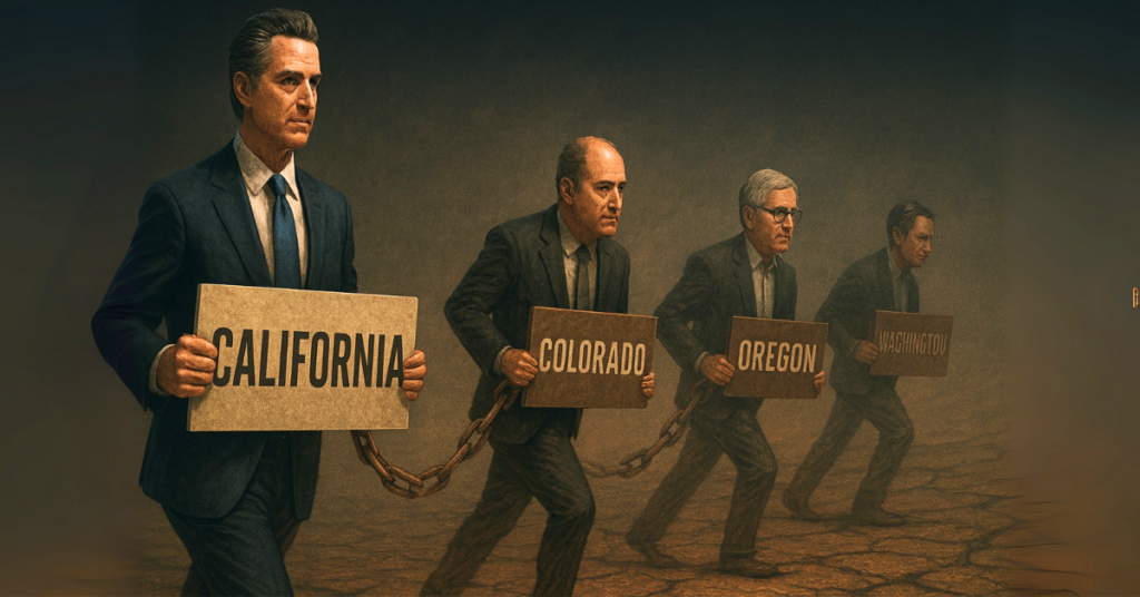 California dragging Colorado, Oregon, and Washington with chains as symbolic political allegory