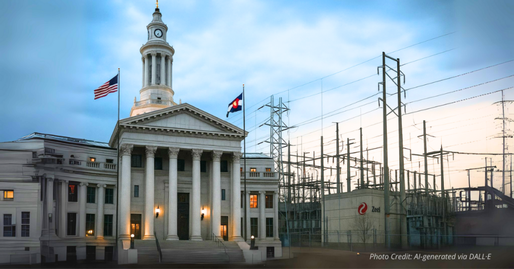 Denver municipal building looms over Xcel substation, symbolizing city authority.