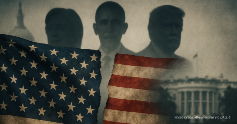 Torn American flag over D.C. with Clinton and Obama shadows