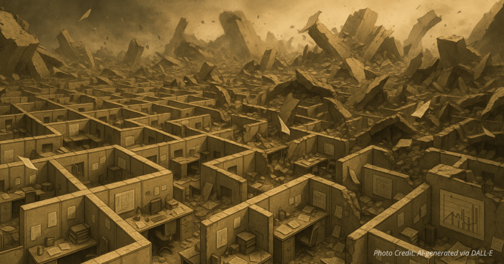 Collapsing bureaucratic maze representing failed administrative state