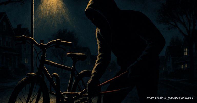 Shadowy thief cutting bike lock at night in Colorado neighborhood