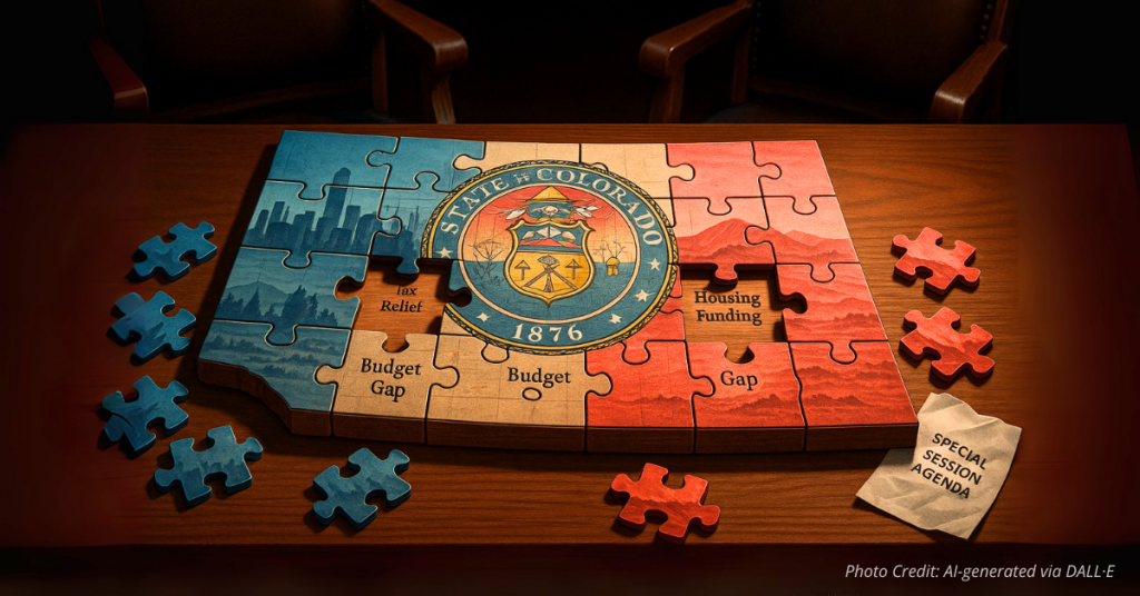 Colorado-shaped puzzle with missing pieces showing budget charts.