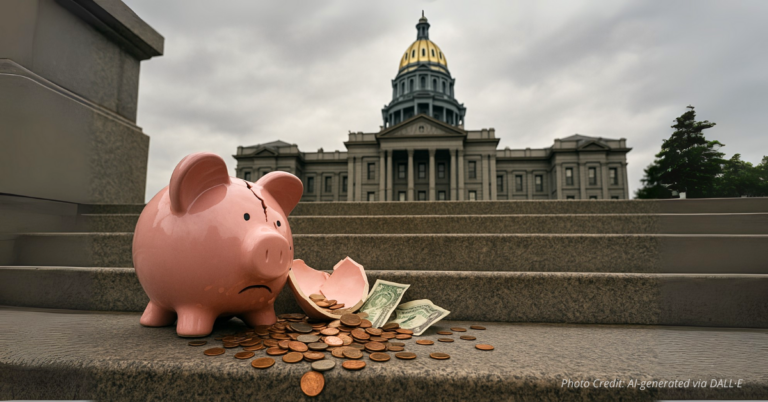 Cracked piggy bank spilling coins on Colorado Capitol steps.