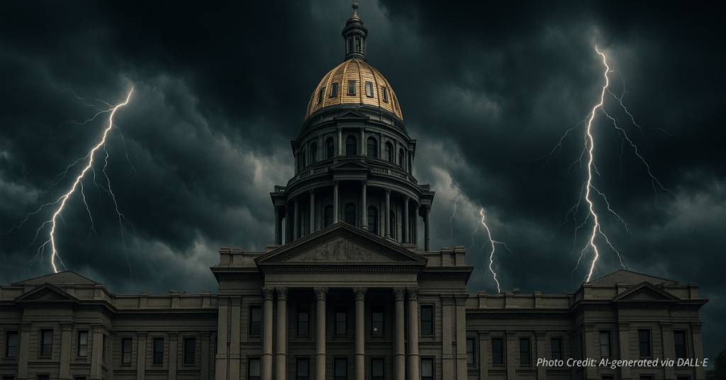 Colorado State Capitol under storm clouds