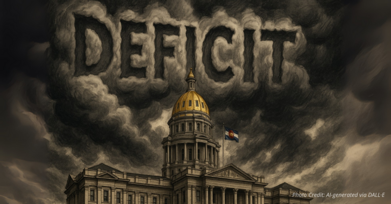 Storm clouds labeled deficit over Colorado Capitol