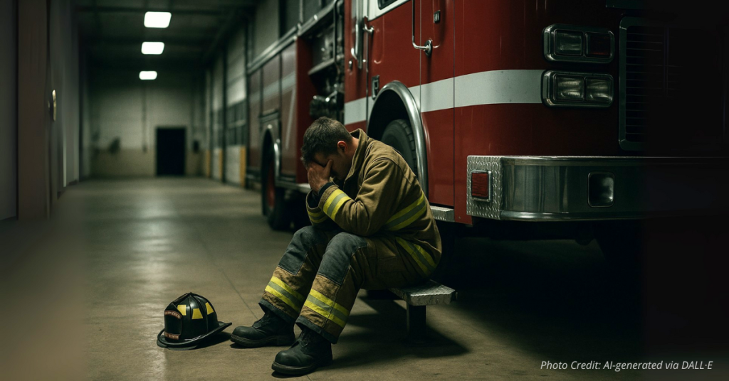 Exhausted firefighter sitting on a fire truck step inside empty fire station bay