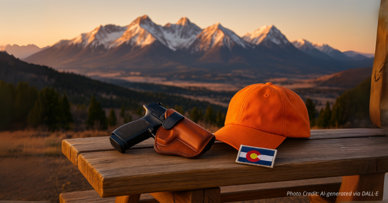 Holstered handgun and hunter cap on a bench with Colorado mountains at dawn