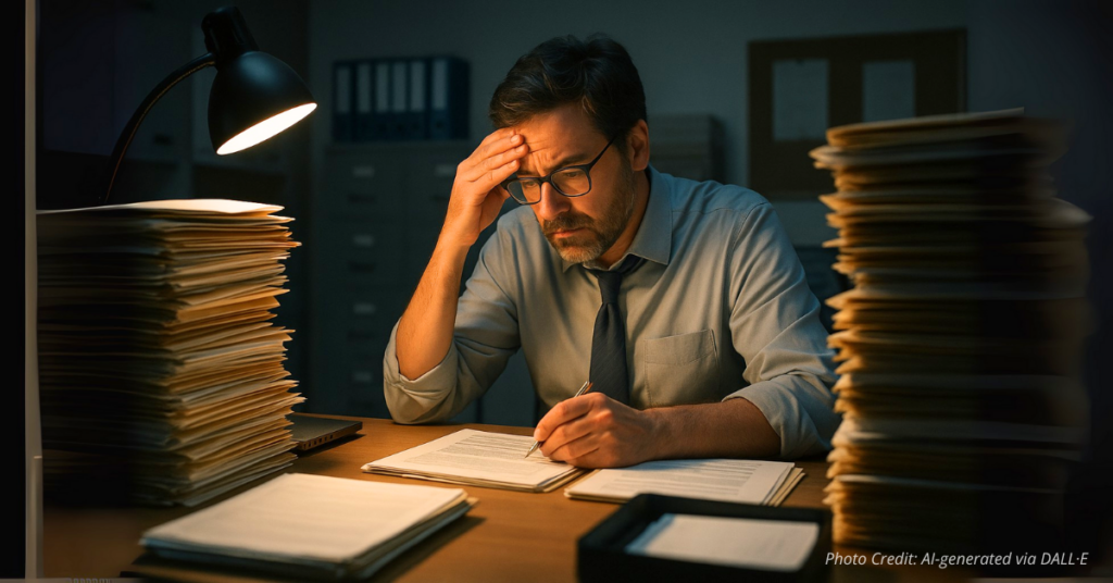 Overworked employee at desk with stacks of paperwork