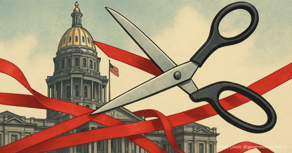 Scissors cutting red tape around Colorado Capitol, symbolizing trimming bureaucracy