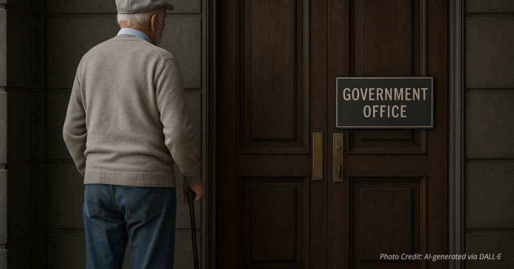 Elderly man with cane facing a closed government office door