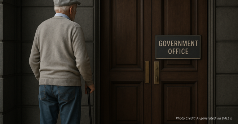 Elderly man with cane facing a closed government office door
