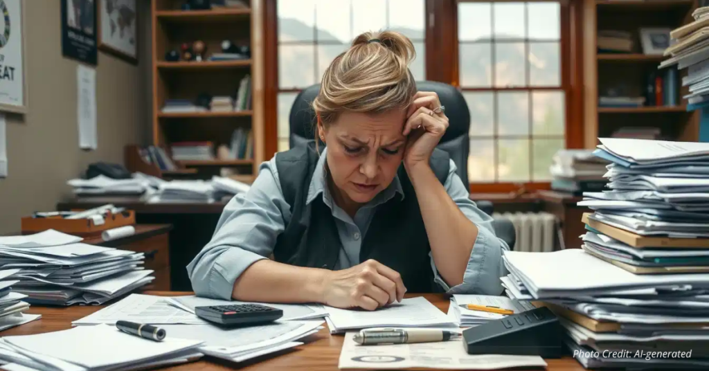 Stressed business owner with tax paperwork