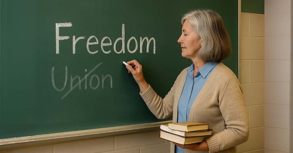 Teacher writes Freedom on chalkboard with Union crossed out