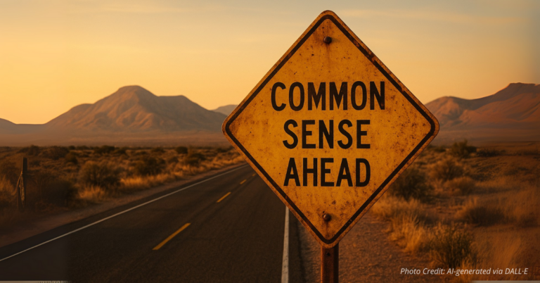 Road sign warning “Common Sense Ahead” on a rural road