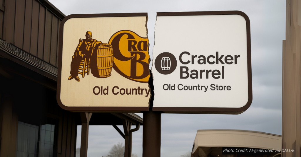 Cracker Barrel sign split showing failed rebrand metaphor for Democrats