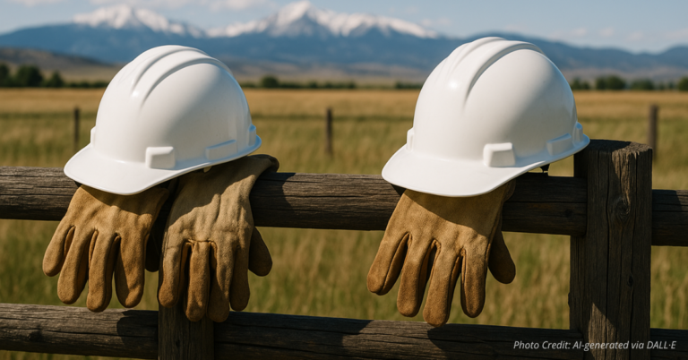 Hard hats and gloves on fence as memorial to fallen dairy workers