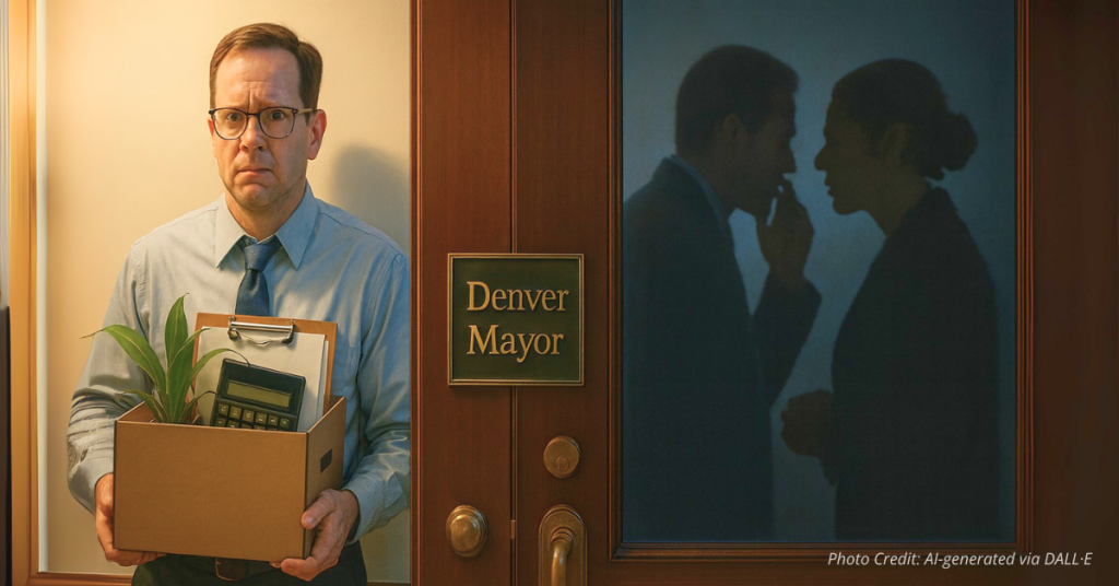 City Hall with laid-off workers leaving, symbolizing political purge allegations
