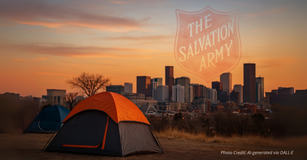 Denver skyline with homeless tent and Salvation Army logo faded