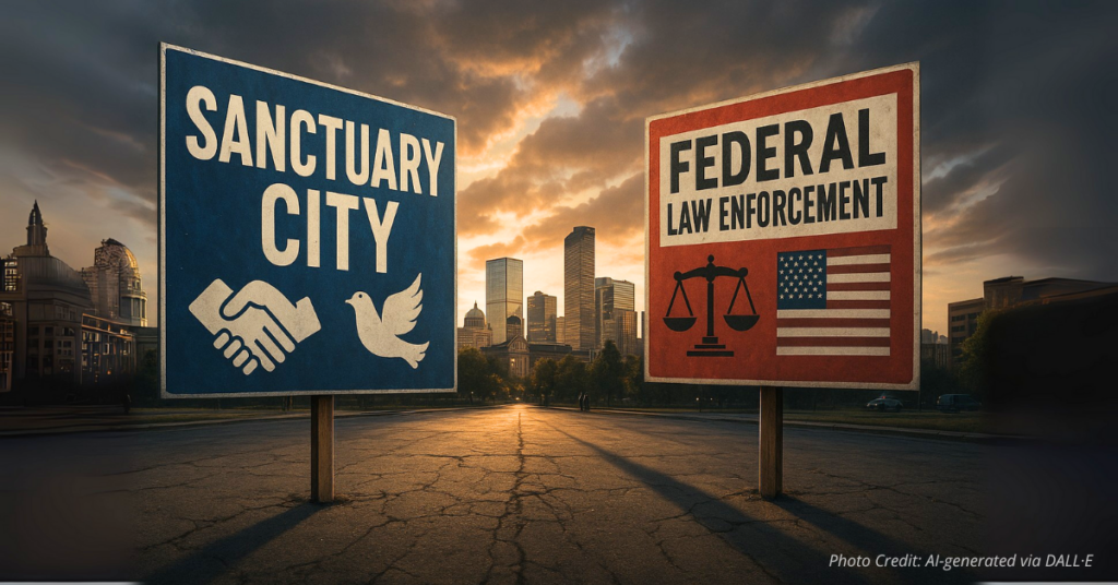 Opposing signs reading Sanctuary City and Federal Enforcement with Denver skyline.