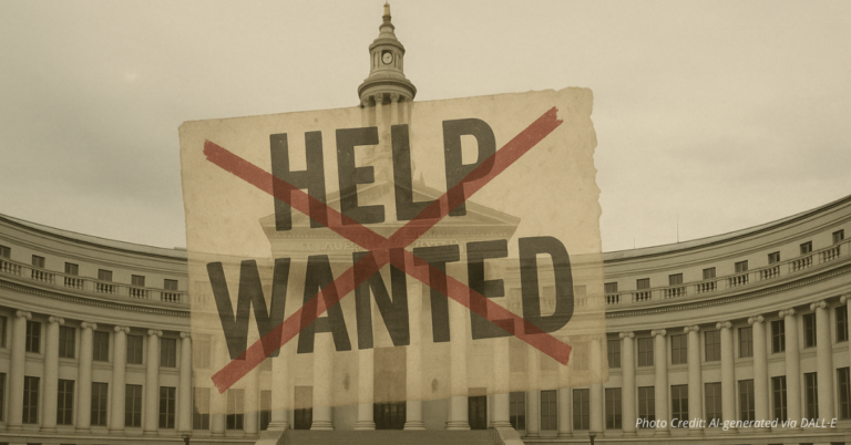 Denver City Hall with crossed-out Help Wanted sign showing layoffs